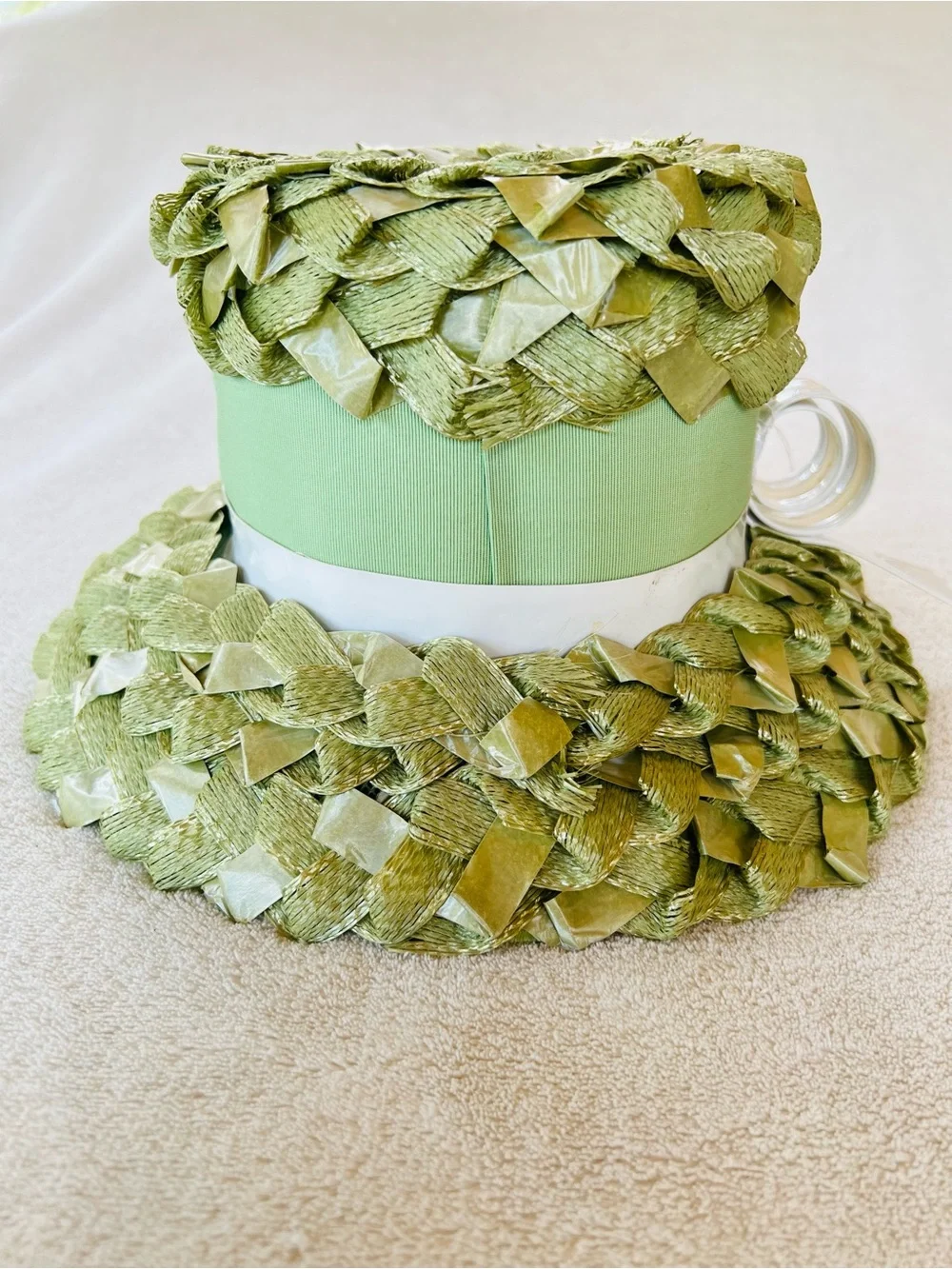 Vintage 1950s Sage Green Woven Straw Hat Textured Ribbon Detail Mid-Century Chic